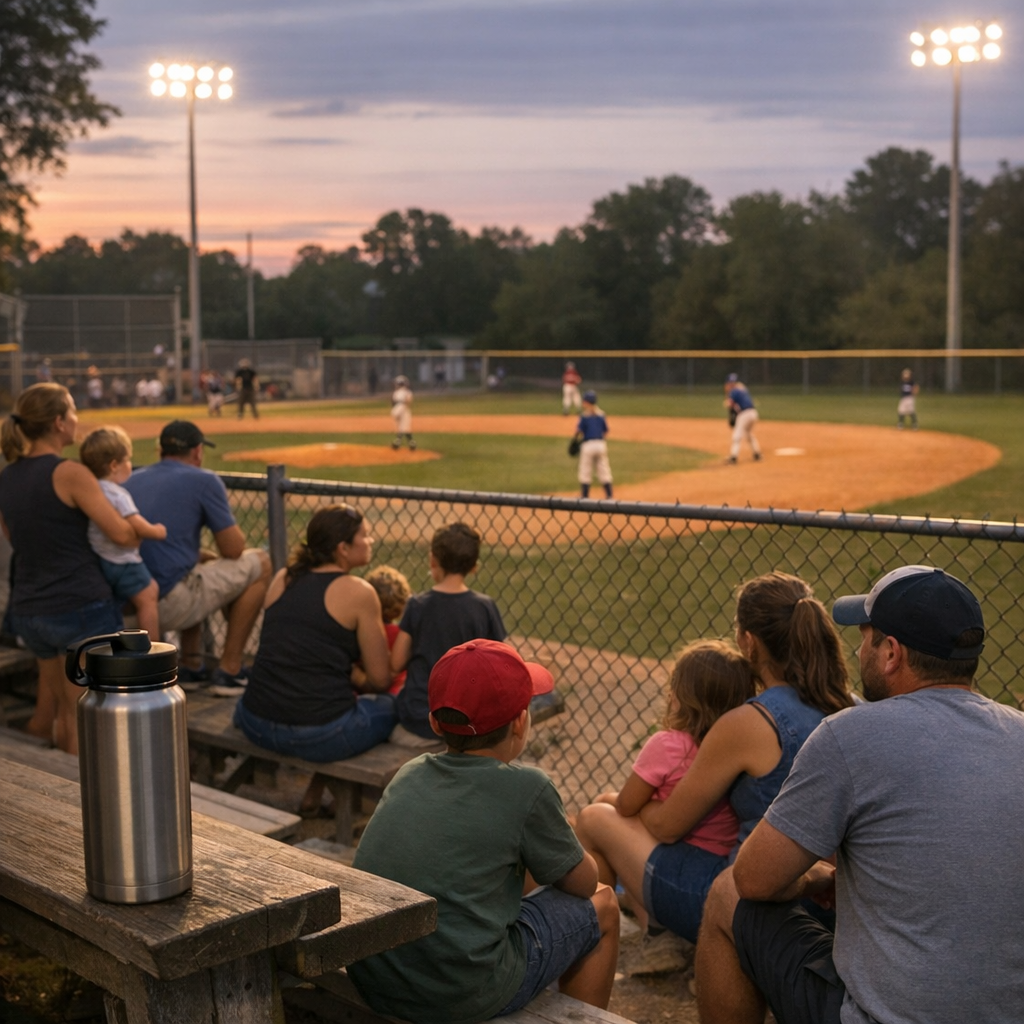Families and players gathered around a bright ballfield on a warm evening with a reusable water bottle nearby