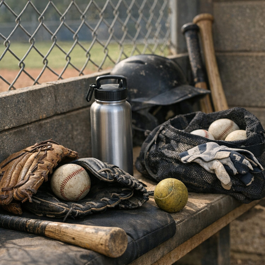 A second ballfield photo showing a water bottle, gloves, and gear near the dugout before practice