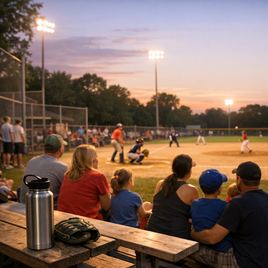 Families and players gathered around a bright ballfield on a warm evening with a reusable water bottle nearby