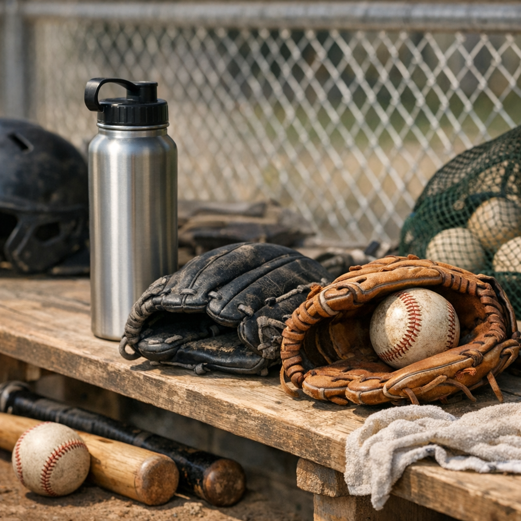 A second ballfield photo showing a water bottle, gloves, and gear near the dugout before practice