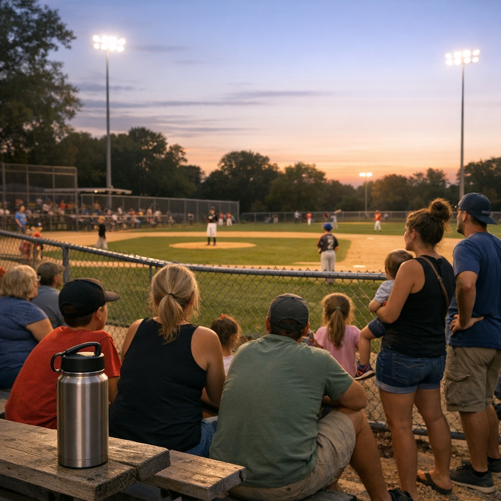 Families and players gathered around a bright ballfield on a warm evening with a reusable water bottle nearby