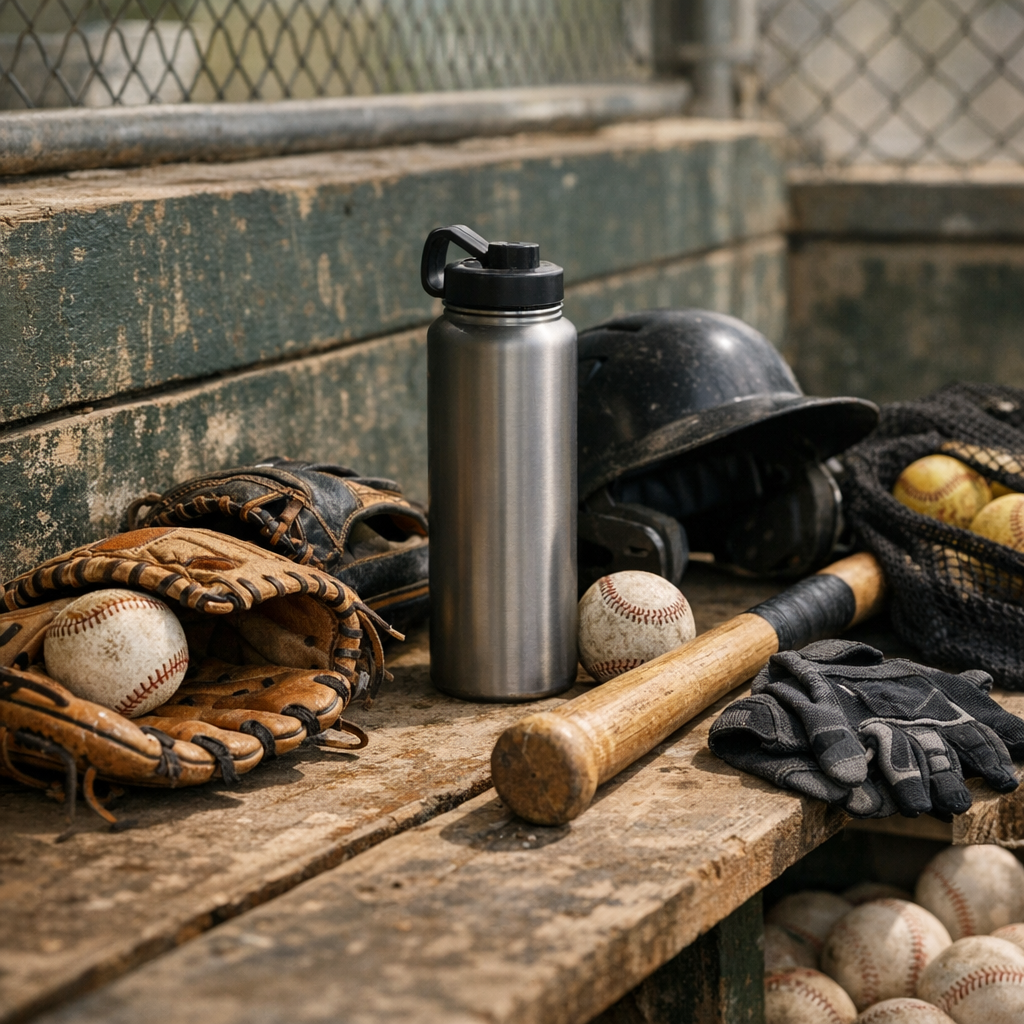 A second ballfield photo showing a water bottle, gloves, and gear near the dugout before practice