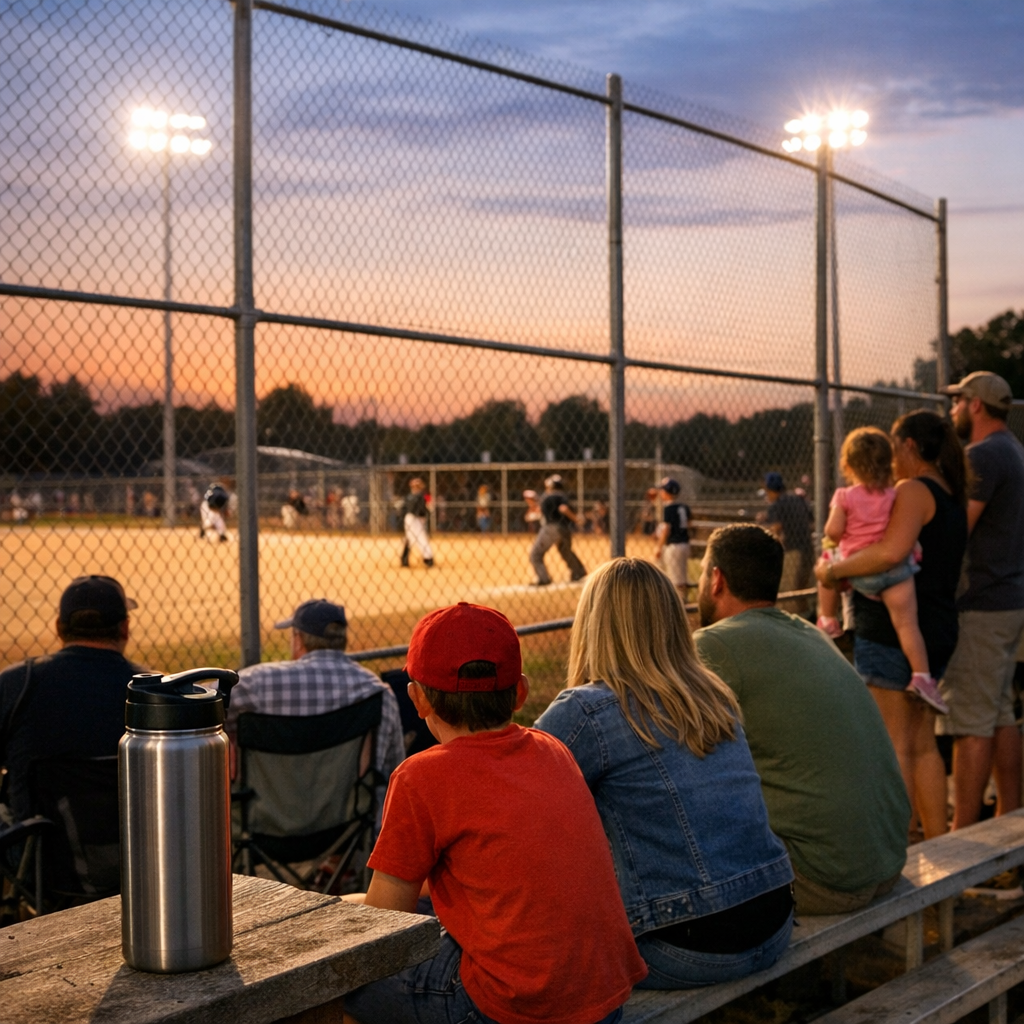 Families and players gathered around a bright ballfield on a warm evening with a reusable water bottle nearby