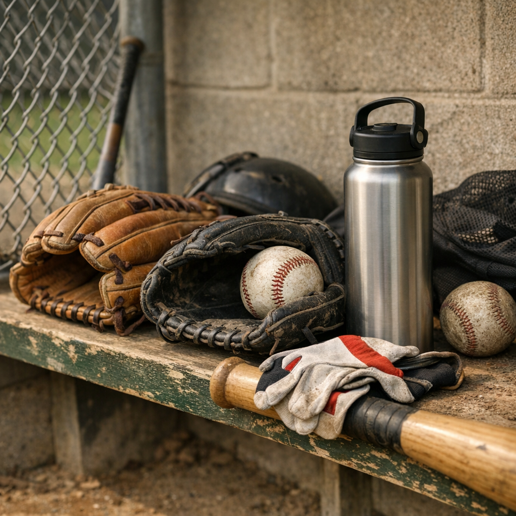 A second ballfield photo showing a water bottle, gloves, and gear near the dugout before practice