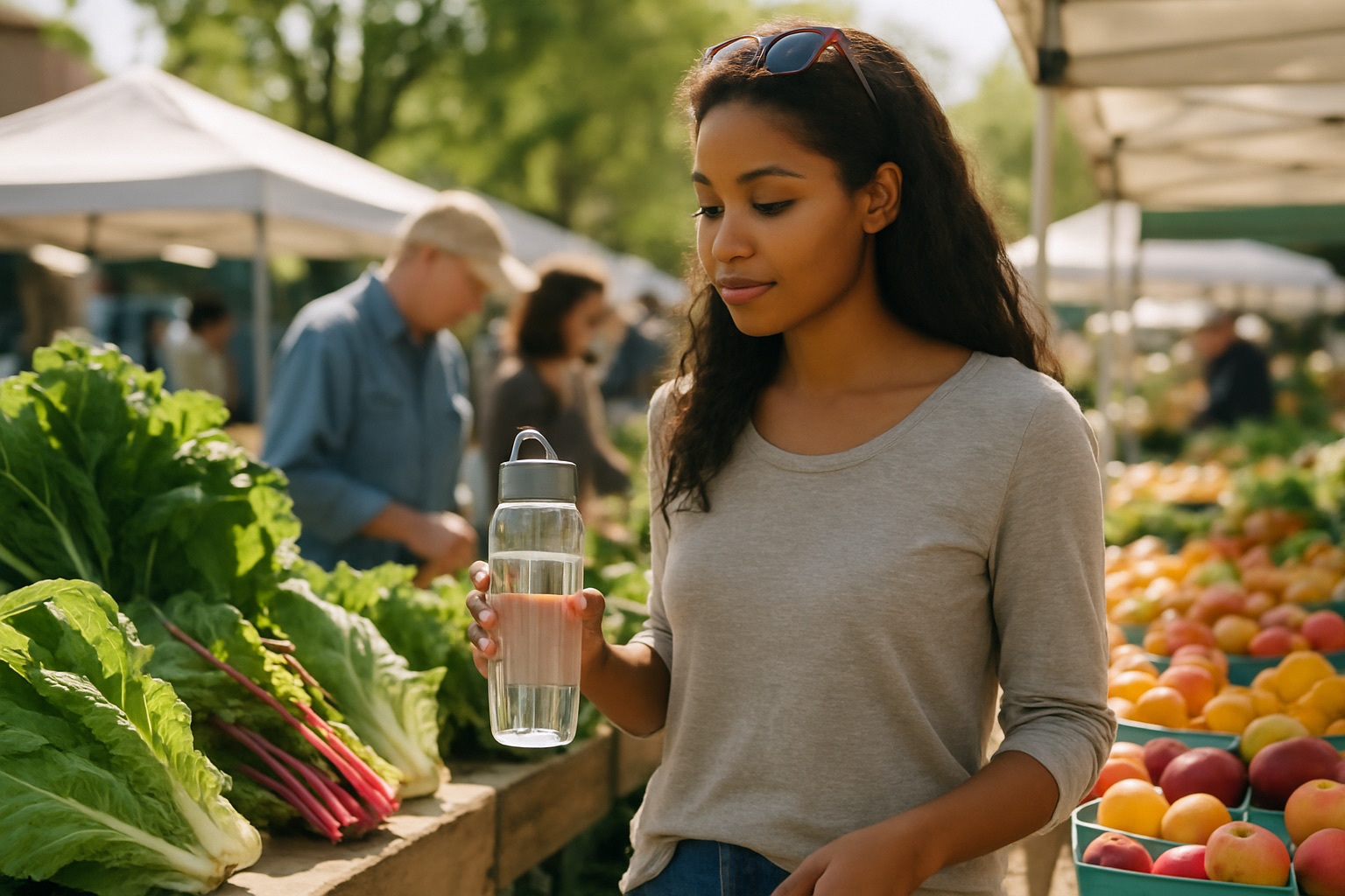 Person browsing a sunny outdoor farmers market while carrying a reusable water bottle near produce stands