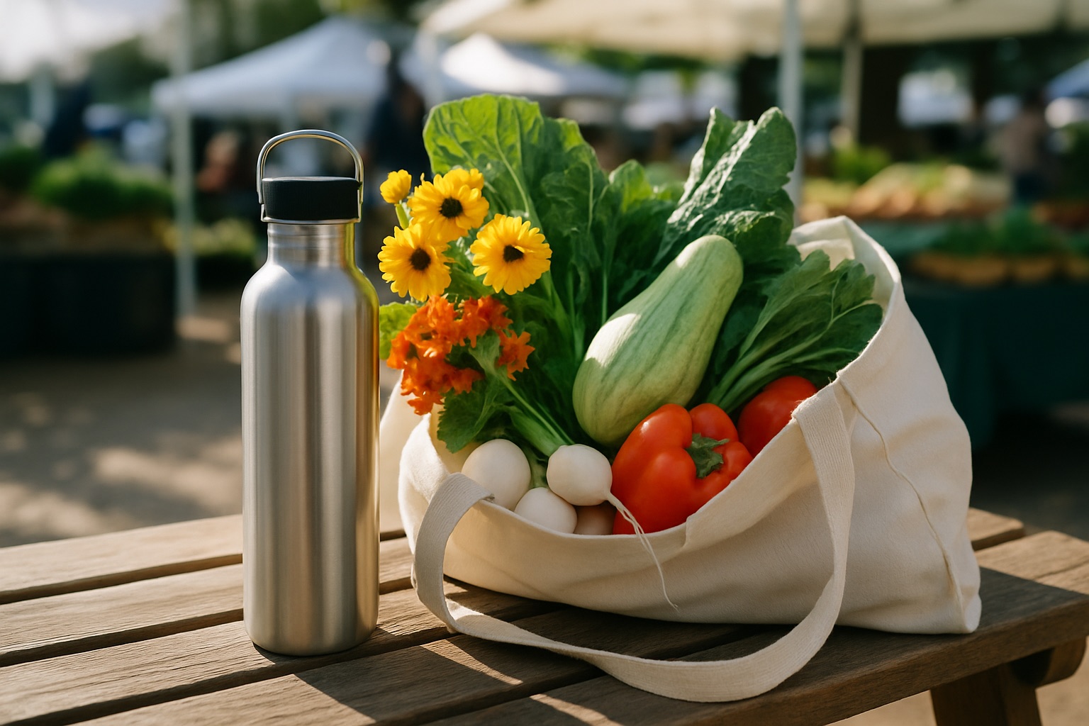 Reusable water bottle next to a tote bag filled with vegetables and flowers at an outdoor market table