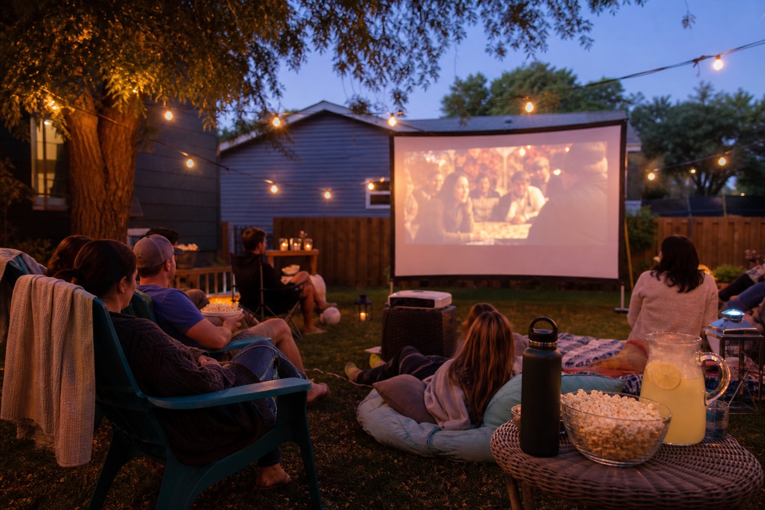 Friends gathering around a backyard fire pit at dusk with a reusable water bottle on the side table