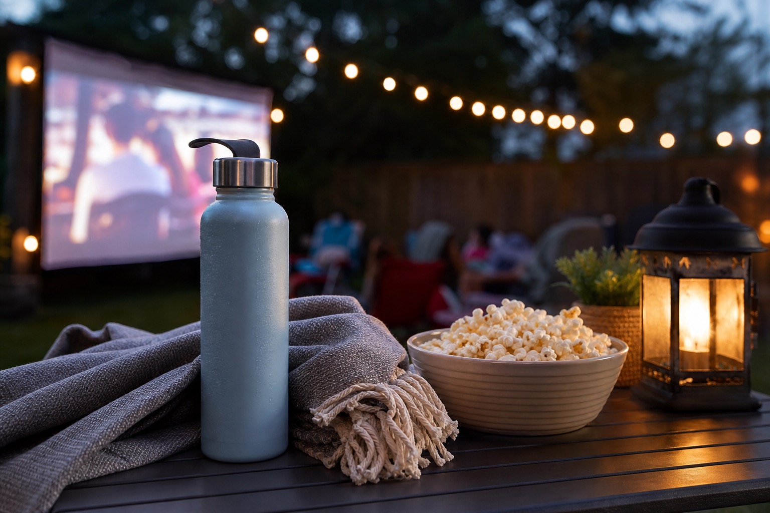 Reusable water bottle beside a blanket and marshmallows on a backyard table near a glowing fire pit