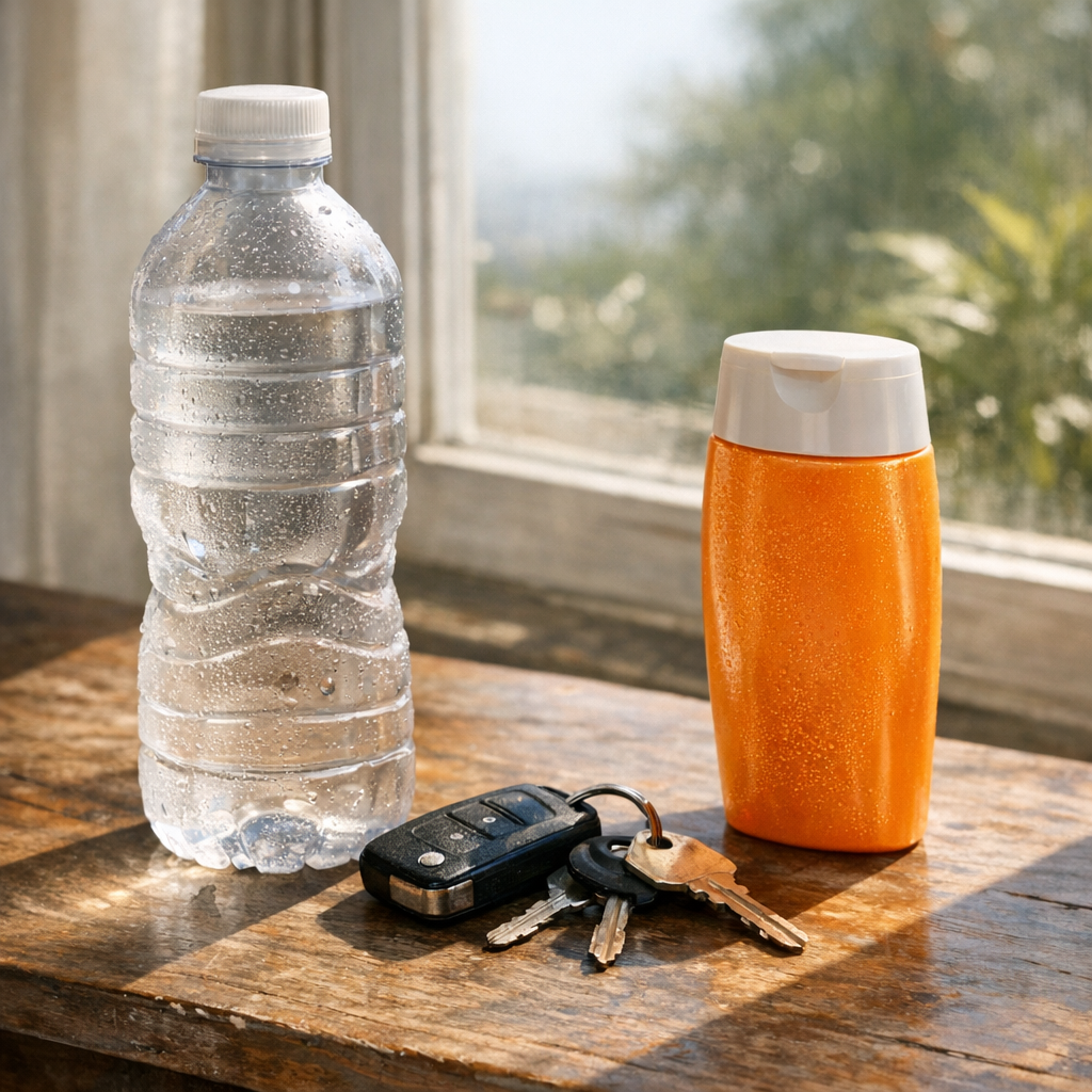 Water bottle, keys, and sunscreen on a hot day table
