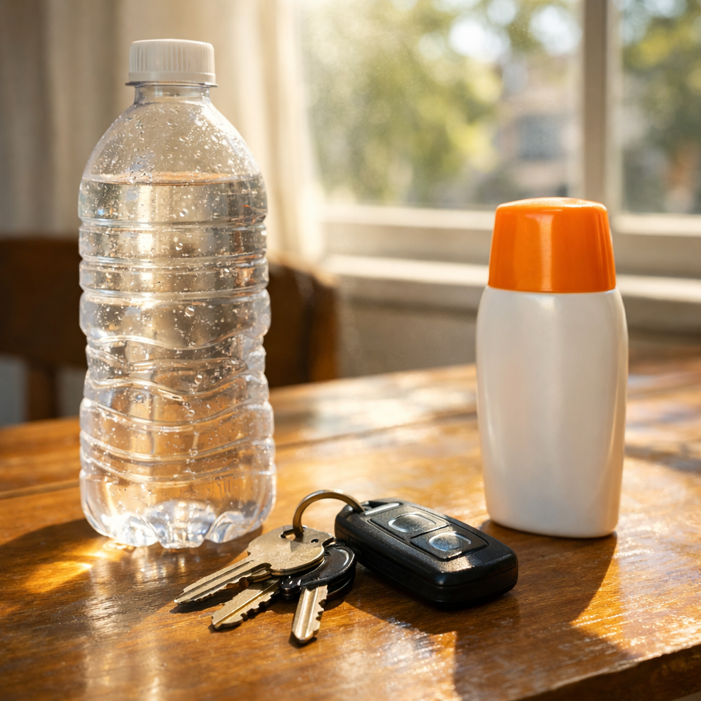 Water bottle, keys, and sunscreen on a hot day table