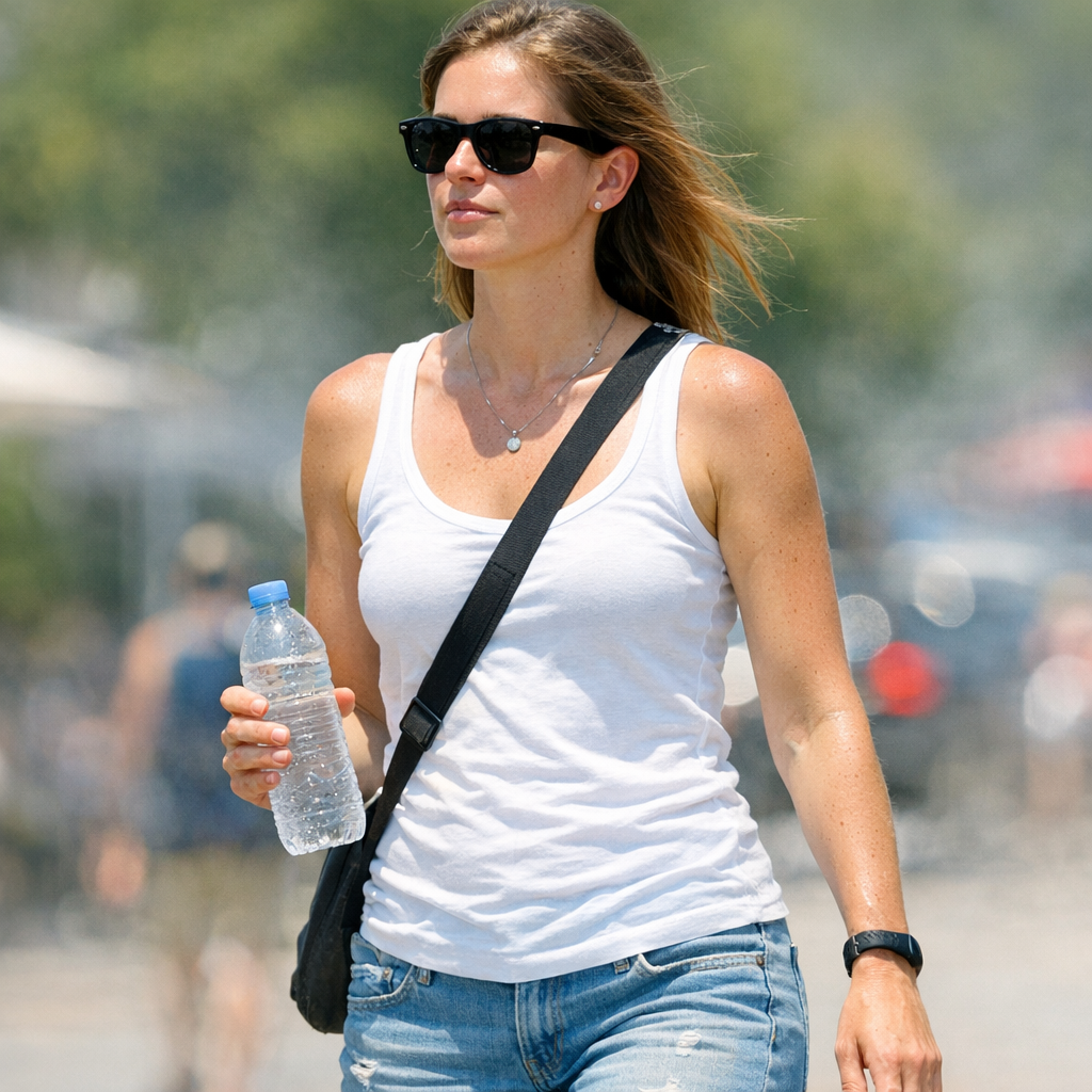 Person walking through bright summer heat with a water bottle and sunglasses