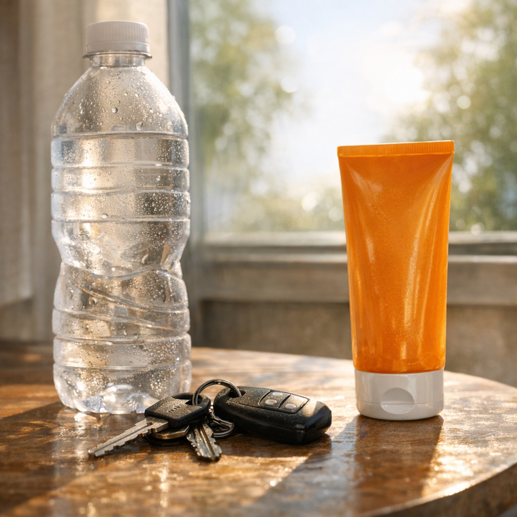 Water bottle, keys, and sunscreen on a hot day table