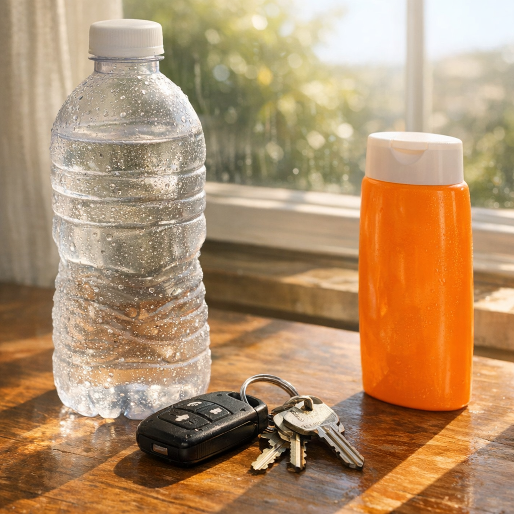 Water bottle, keys, and sunscreen on a hot day table