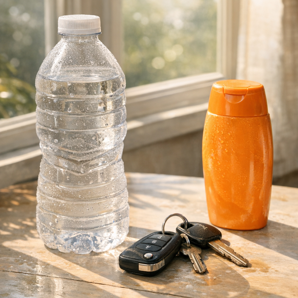 Water bottle, keys, and sunscreen on a hot day table