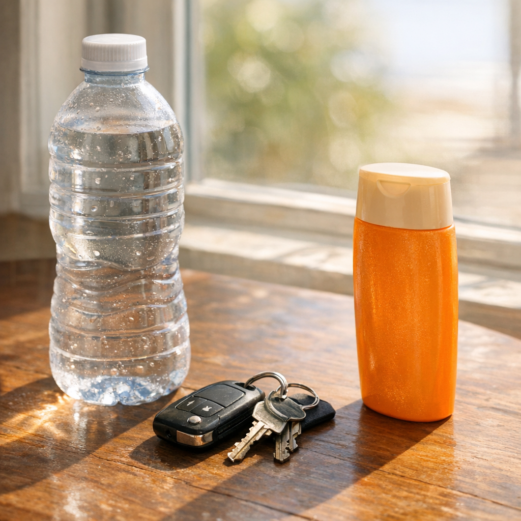 Water bottle, keys, and sunscreen on a hot day table