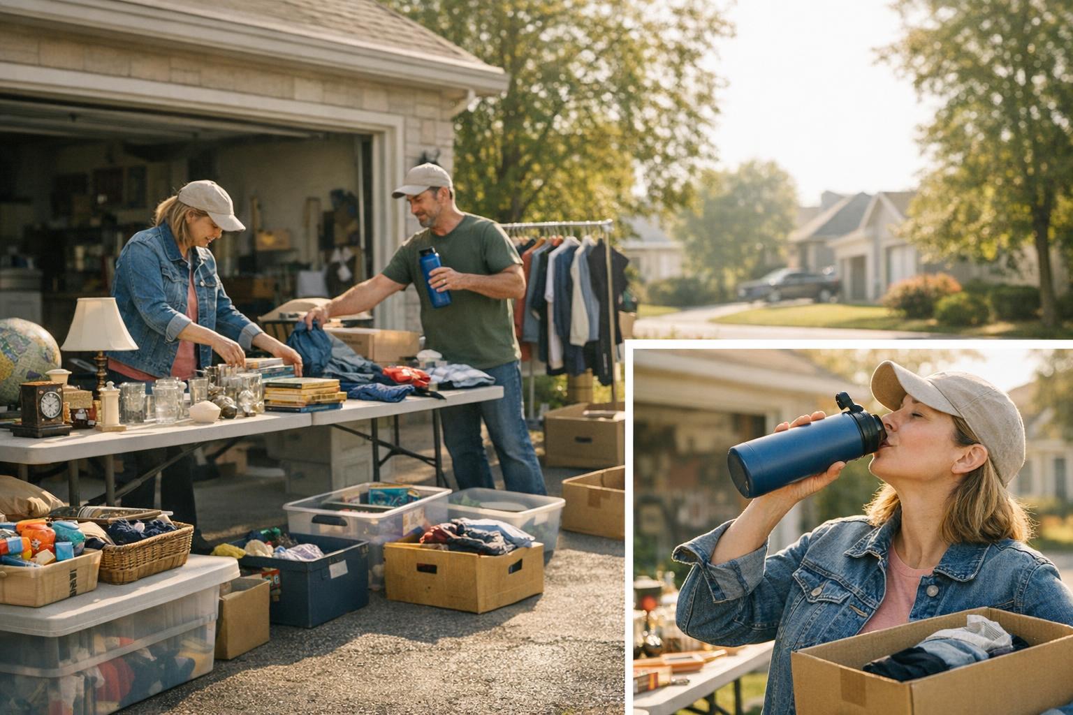 A sunny suburban driveway garage sale setup with folding tables, boxes, and one person holding a water bottle