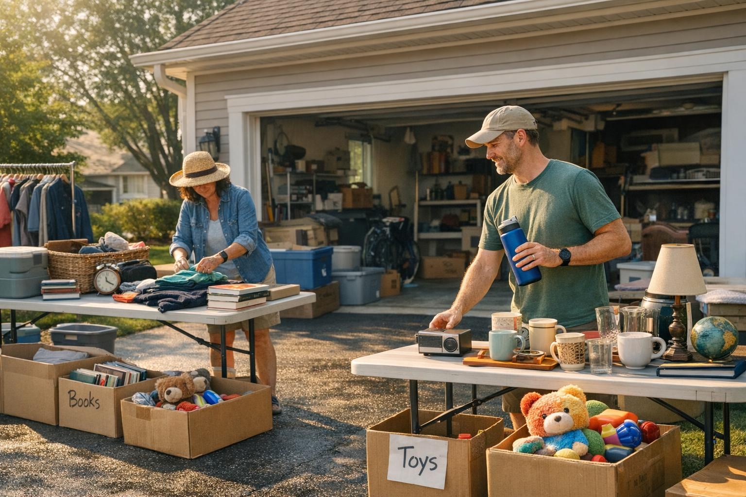 A person at a garage sale taking a sip from a reusable water bottle beside a table of household items