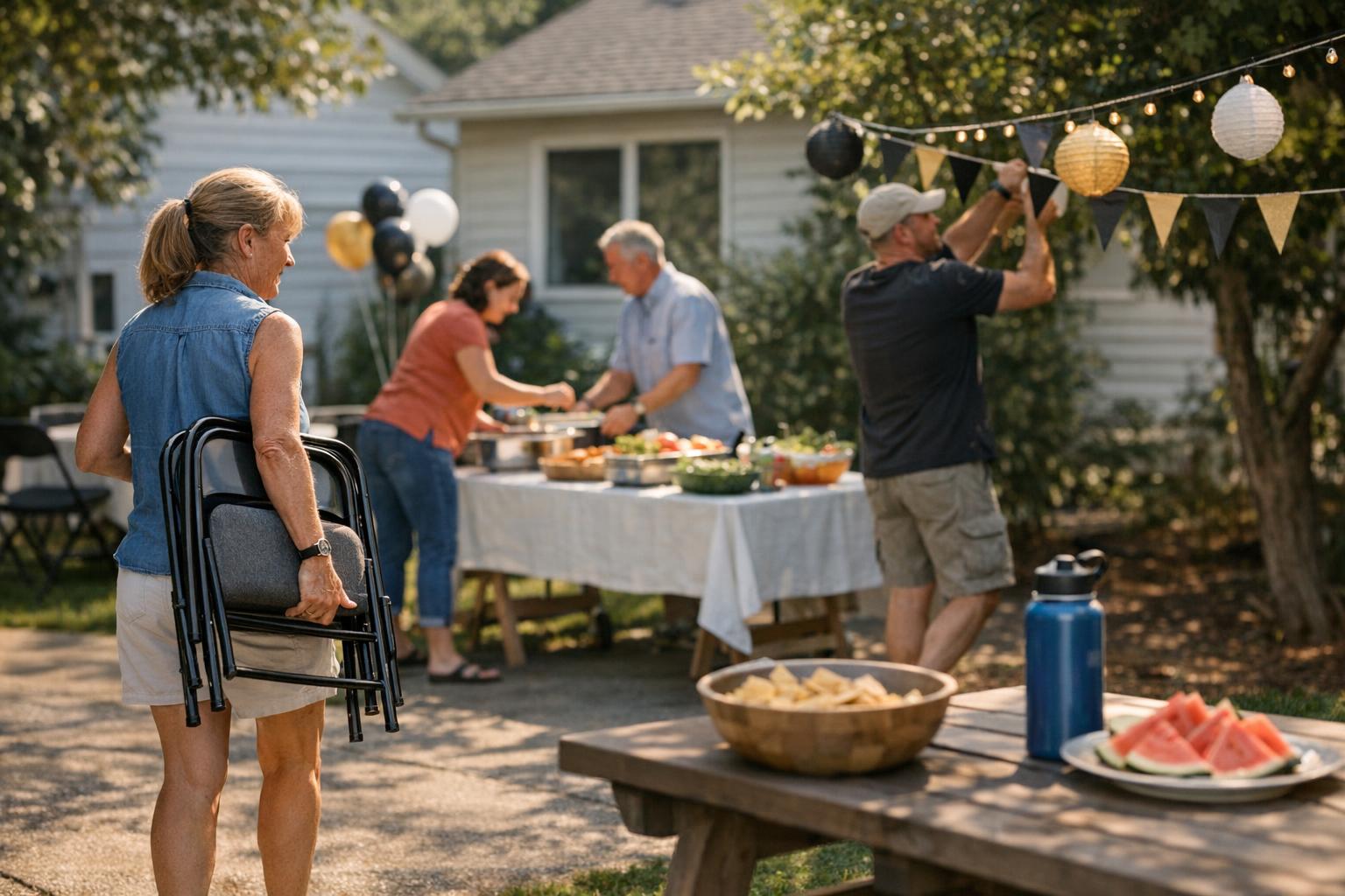 Neighbors carrying folding chairs and arranging a graduation party setup in a sunny front yard