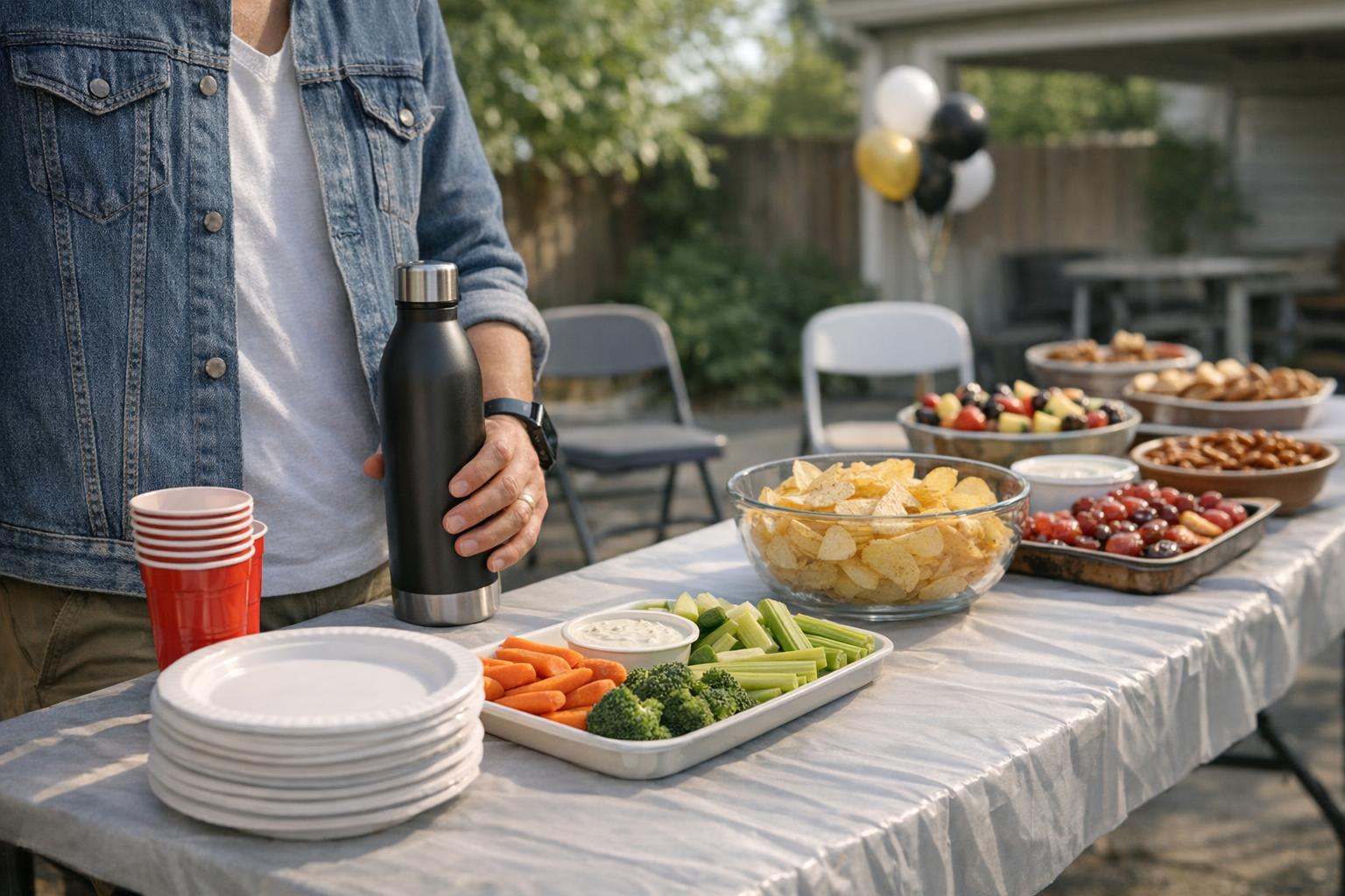 Person pausing with a reusable water bottle beside a graduation party prep table and folding chairs