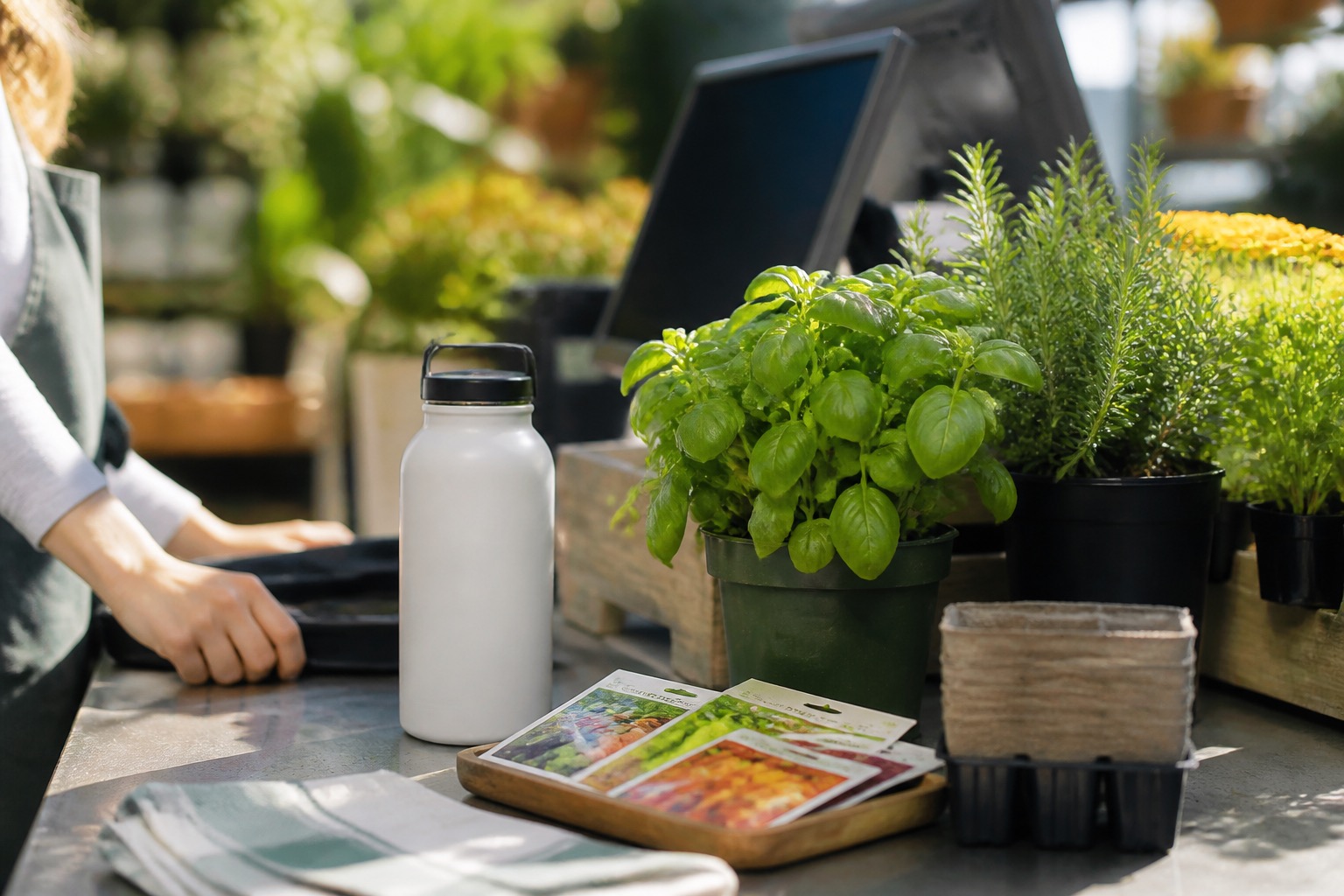 Reusable water bottle beside potted herbs and seed packets on a greenhouse checkout counter