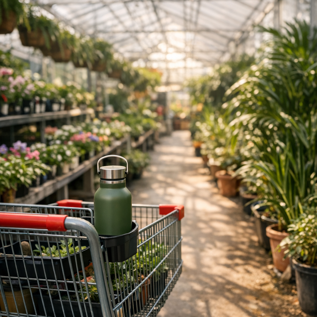 Greenhouse aisle with plants, a shopping cart, and a reusable water bottle