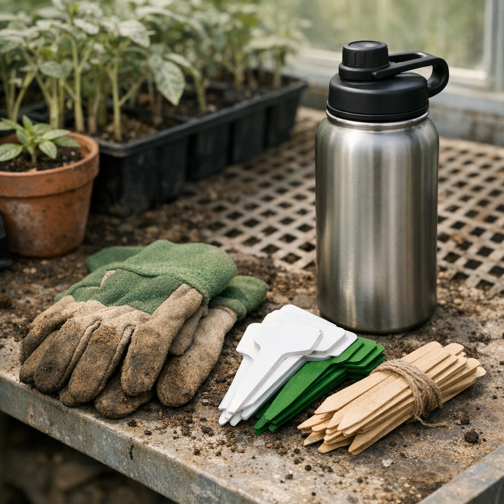 Gardening gloves, plant tags, and a reusable water bottle on a greenhouse bench