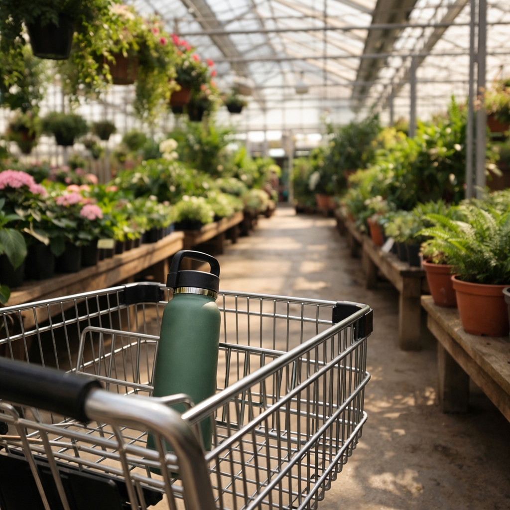 Greenhouse aisle with plants, a shopping cart, and a reusable water bottle