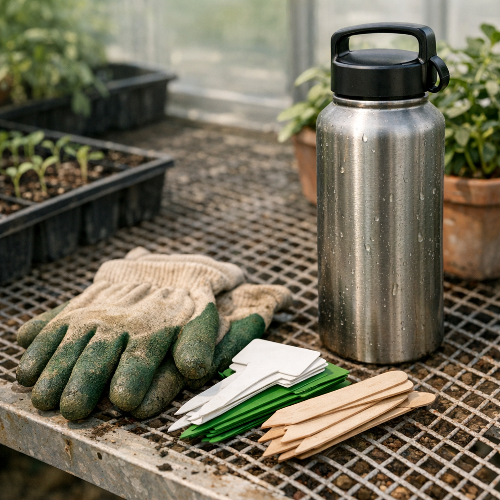 Gardening gloves, plant tags, and a reusable water bottle on a greenhouse bench