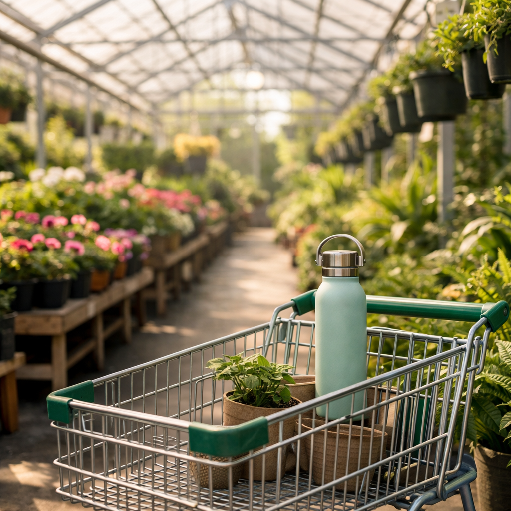 Greenhouse aisle with plants, a shopping cart, and a reusable water bottle
