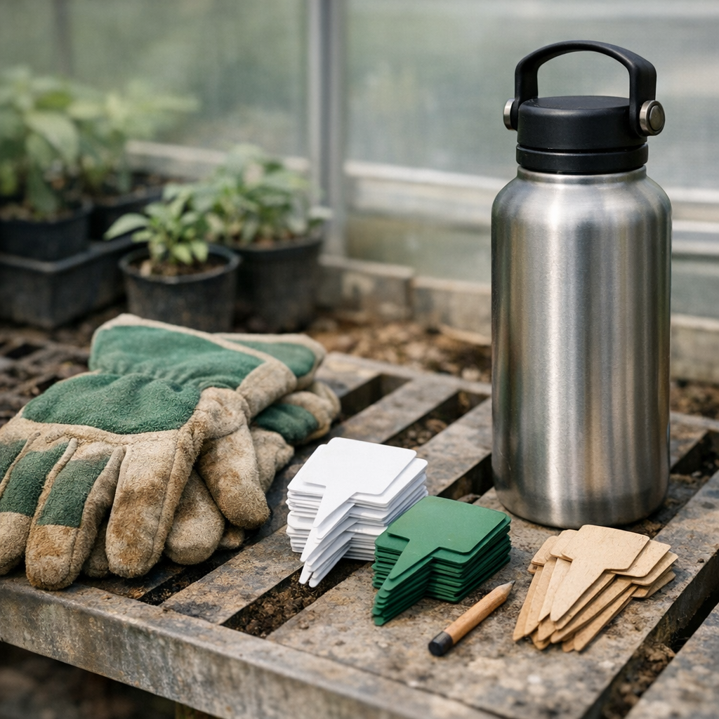 Gardening gloves, plant tags, and a reusable water bottle on a greenhouse bench