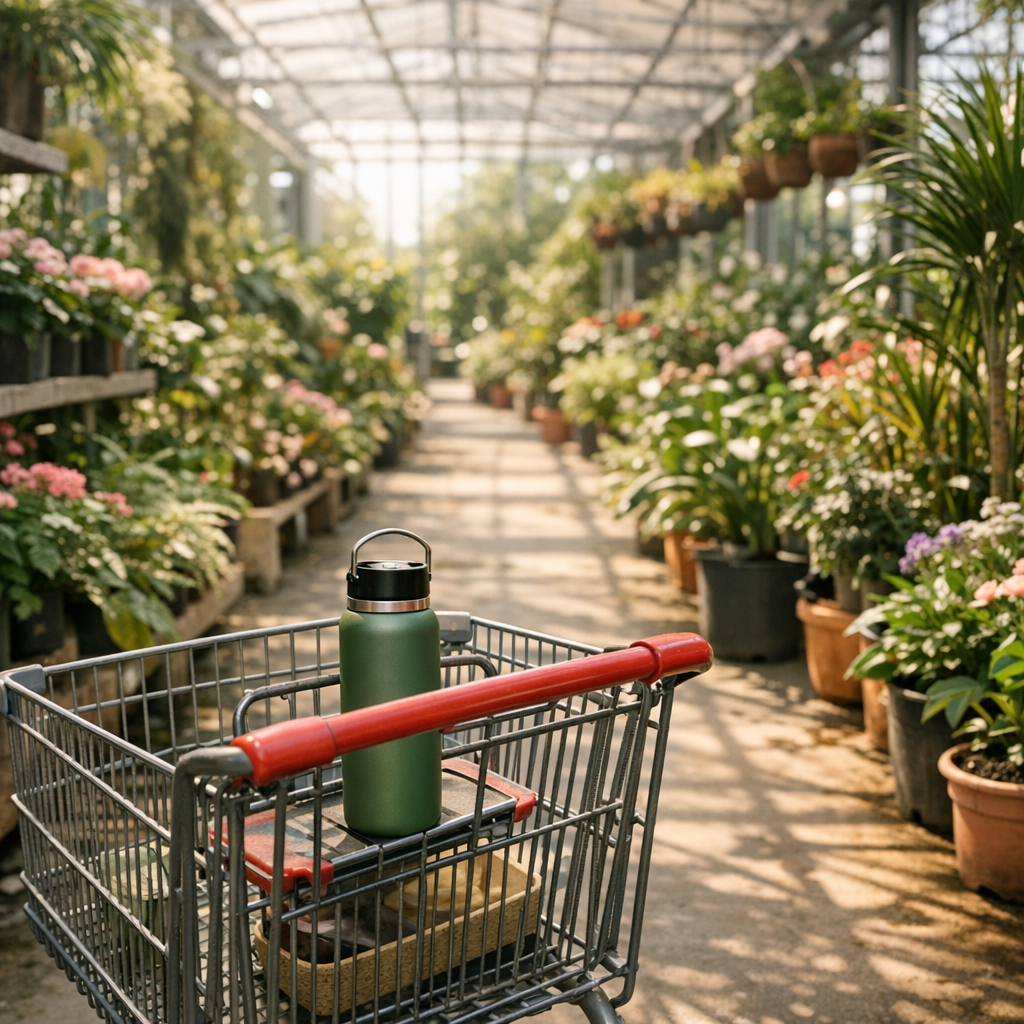 Greenhouse aisle with plants, a shopping cart, and a reusable water bottle