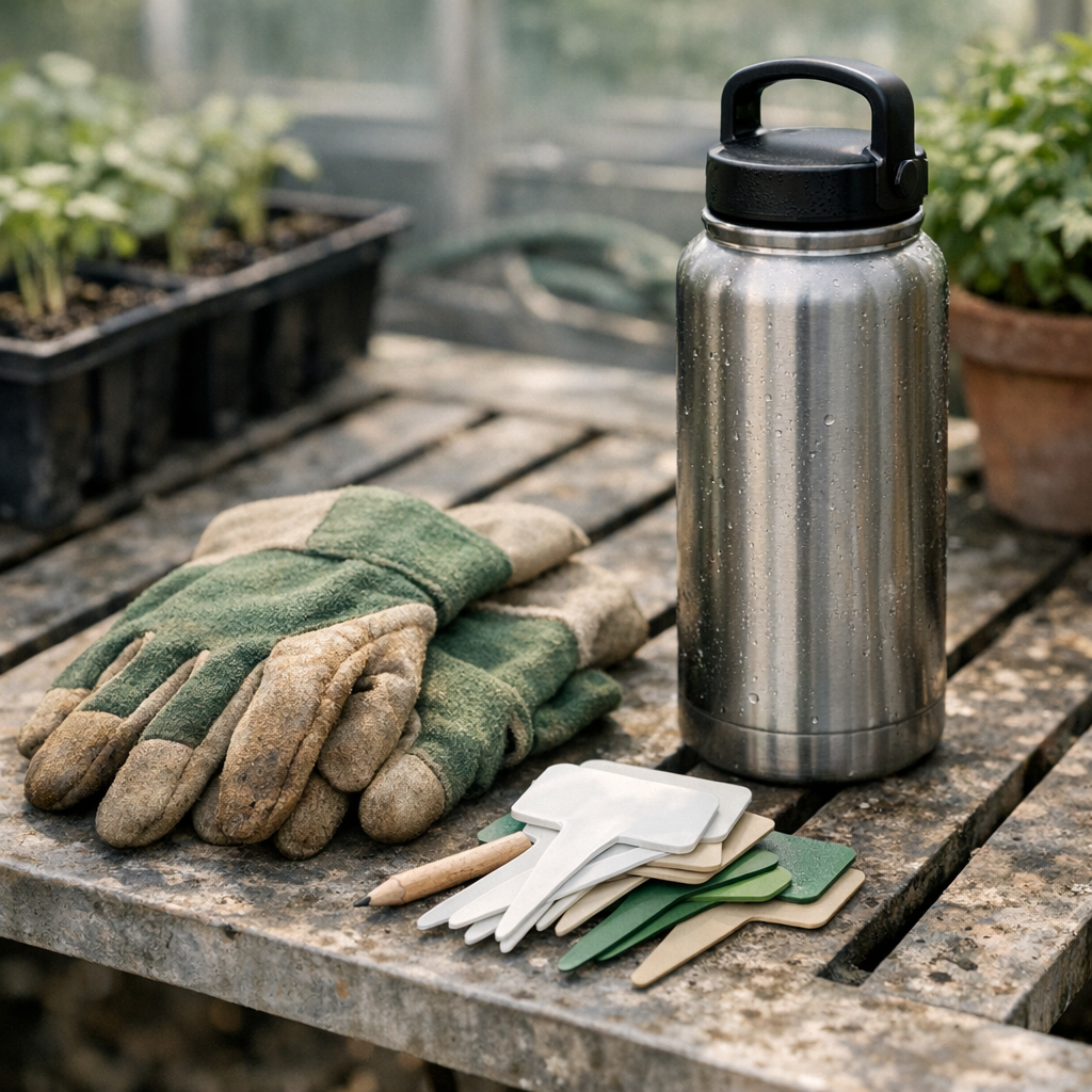Gardening gloves, plant tags, and a reusable water bottle on a greenhouse bench