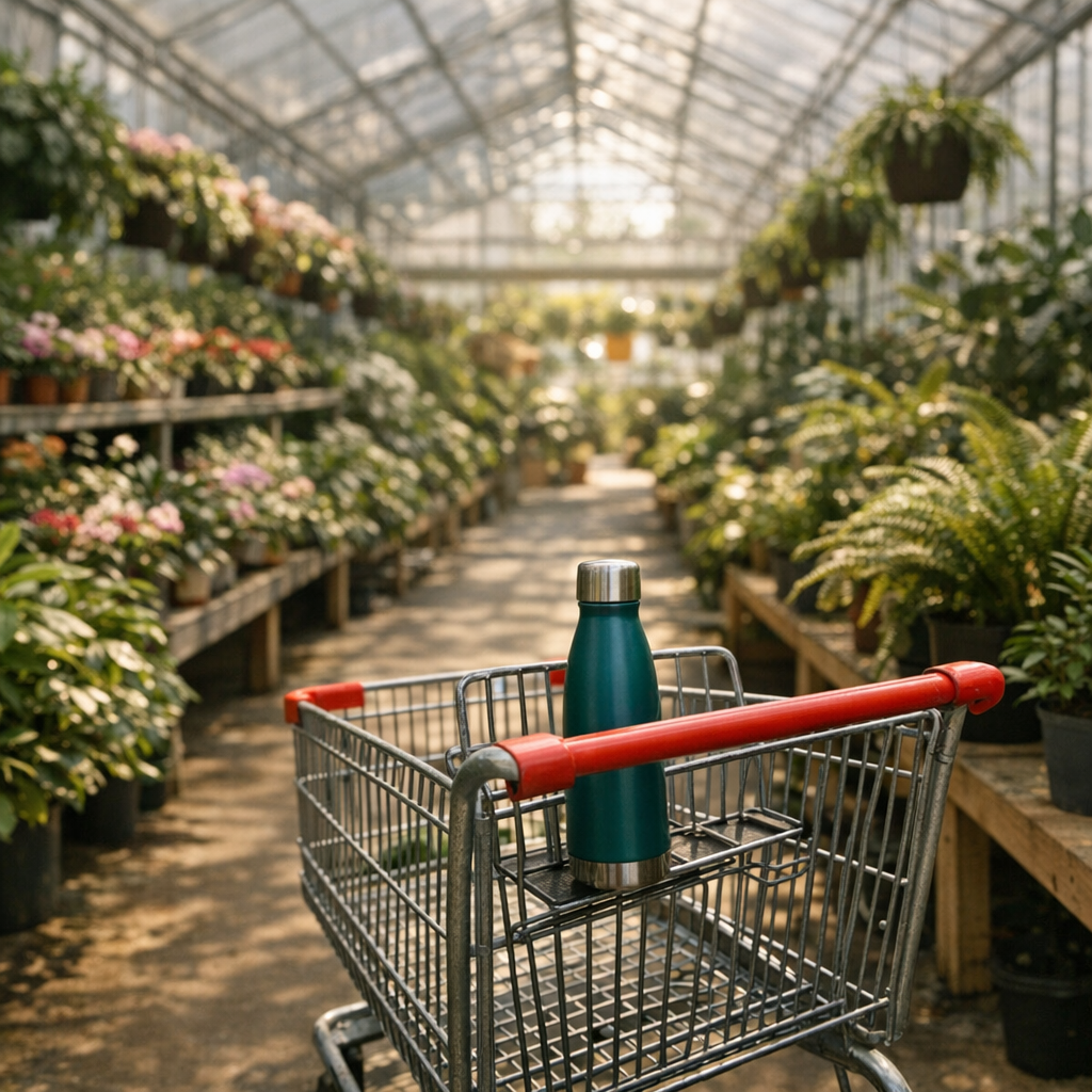 Greenhouse aisle with plants, a shopping cart, and a reusable water bottle