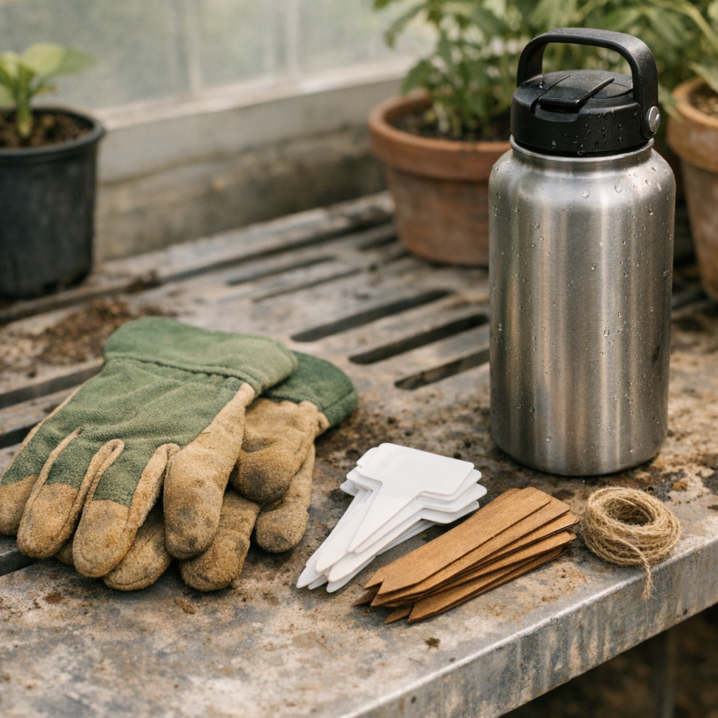 Gardening gloves, plant tags, and a reusable water bottle on a greenhouse bench