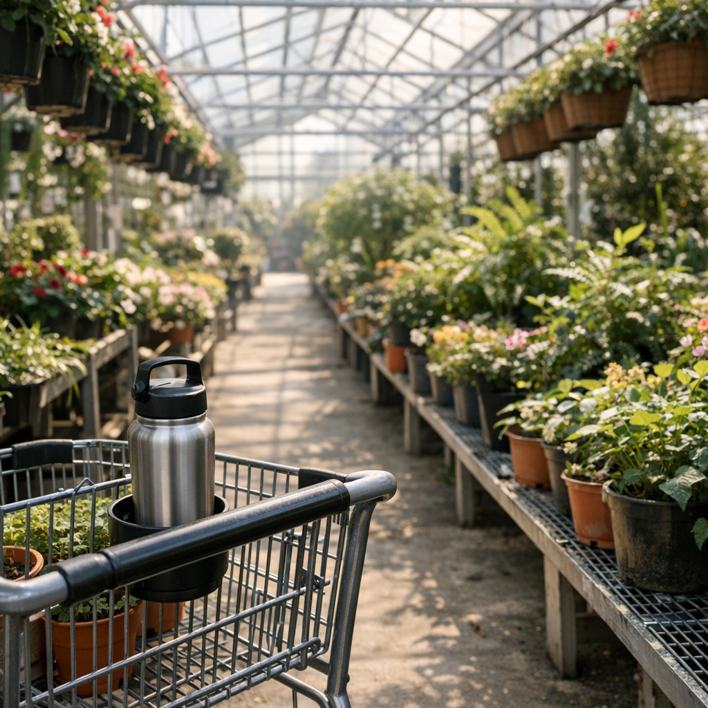 Greenhouse aisle with plants, a shopping cart, and a reusable water bottle