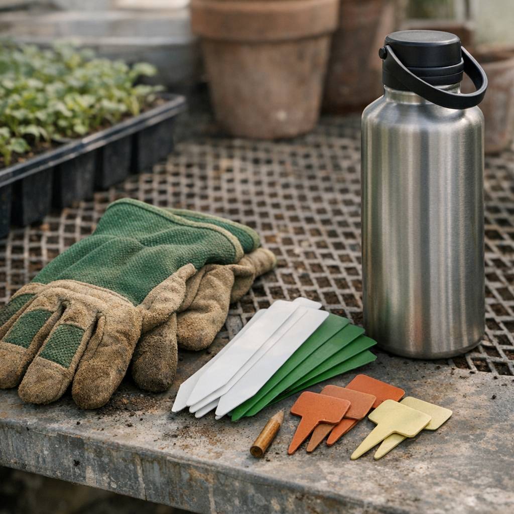 Gardening gloves, plant tags, and a reusable water bottle on a greenhouse bench