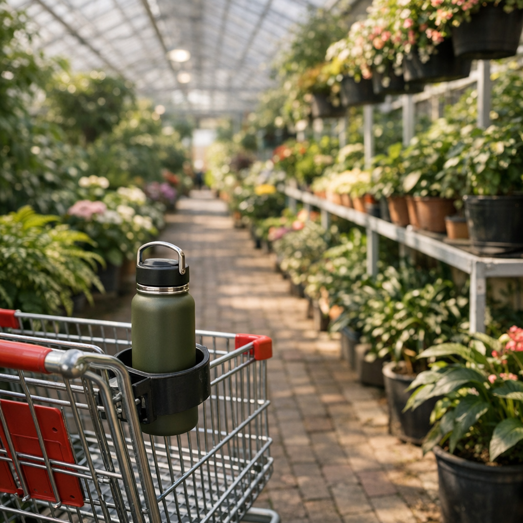 Greenhouse aisle with plants, a shopping cart, and a reusable water bottle