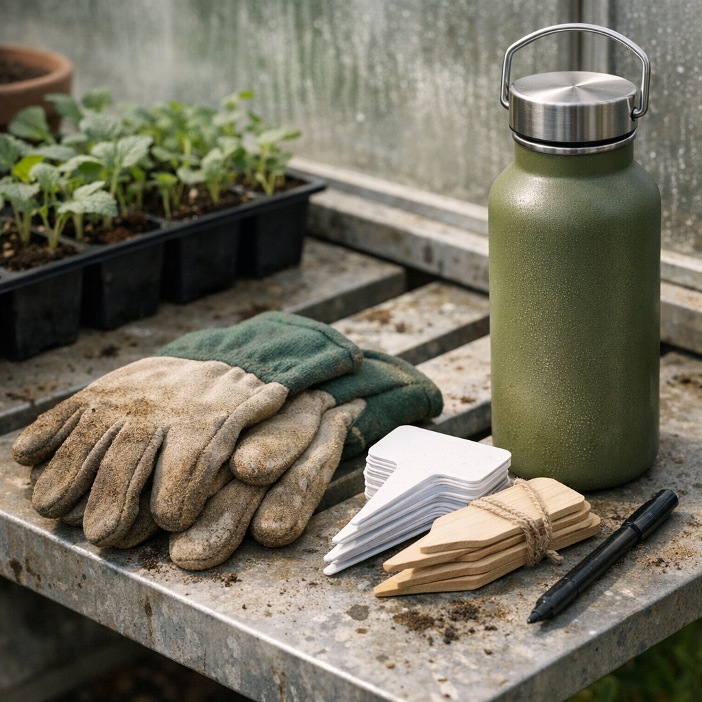 Gardening gloves, plant tags, and a reusable water bottle on a greenhouse bench