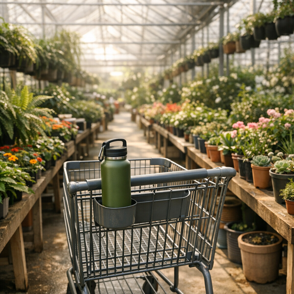 Greenhouse aisle with plants, a shopping cart, and a reusable water bottle