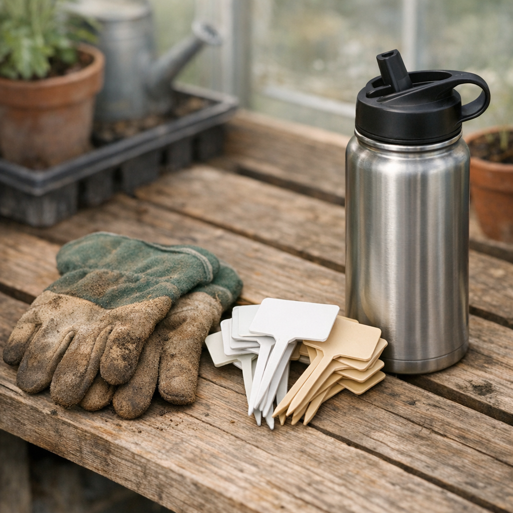 Gardening gloves, plant tags, and a reusable water bottle on a greenhouse bench