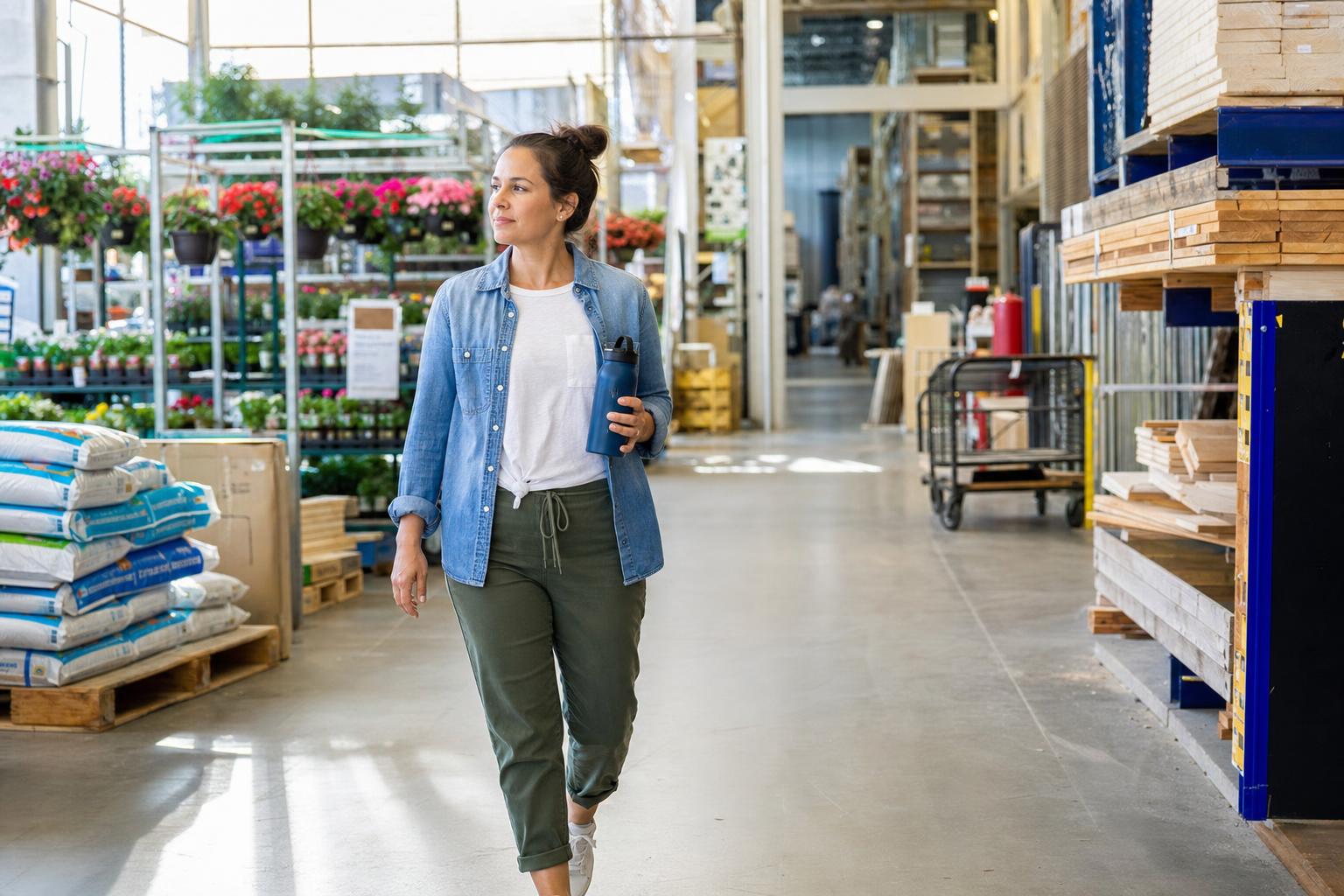A shopper walking through a home improvement store with a reusable water bottle on a bright weekend morning