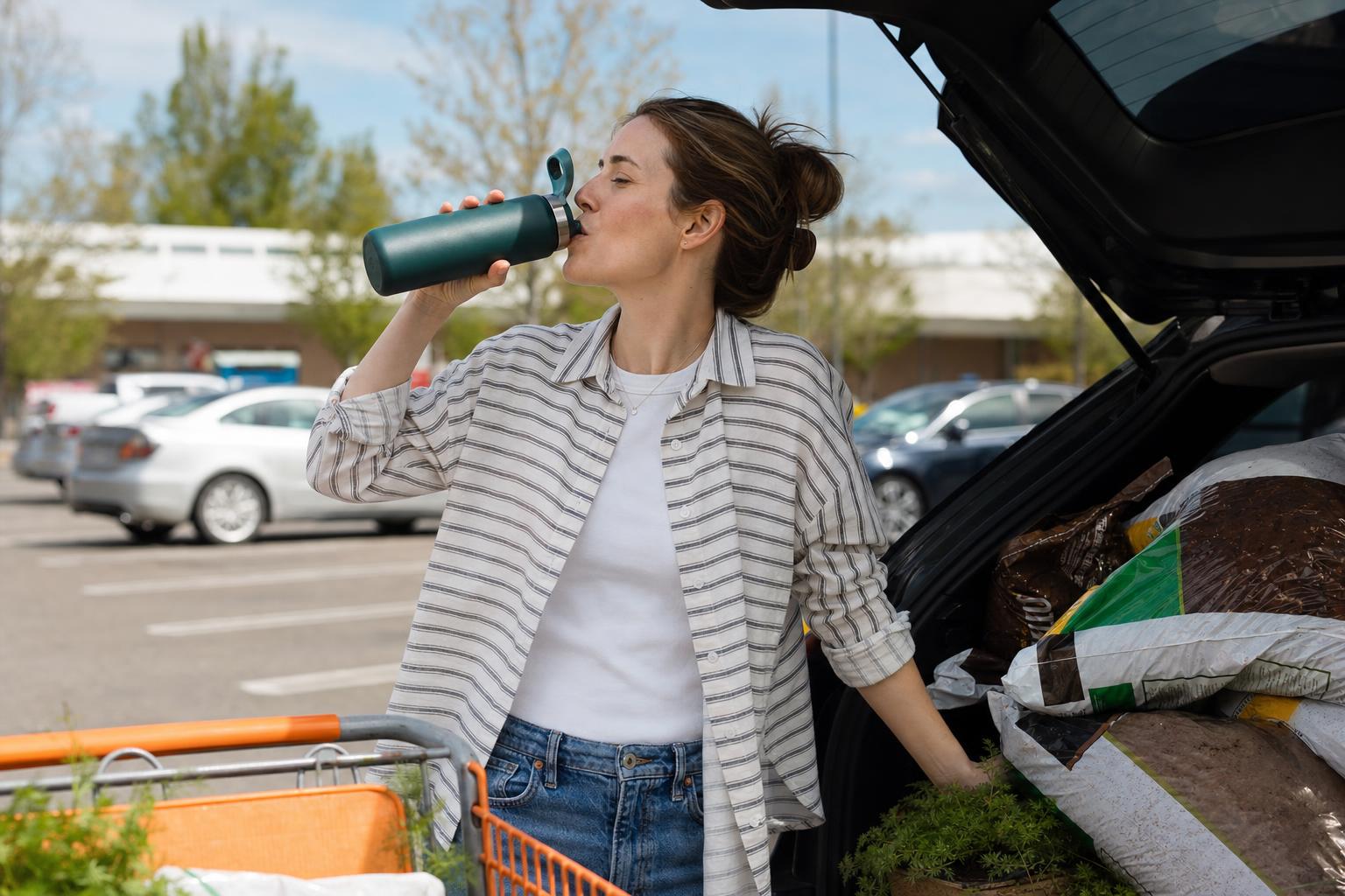 A person sipping water beside bags of garden supplies in a home improvement store parking lot