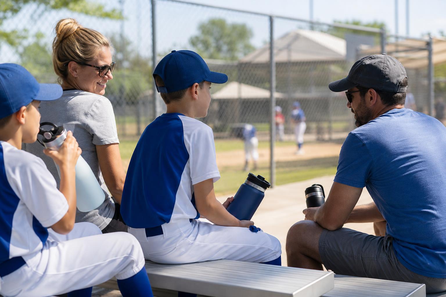 Parents and kids sitting near a sunny baseball field with water bottles and Little League gear