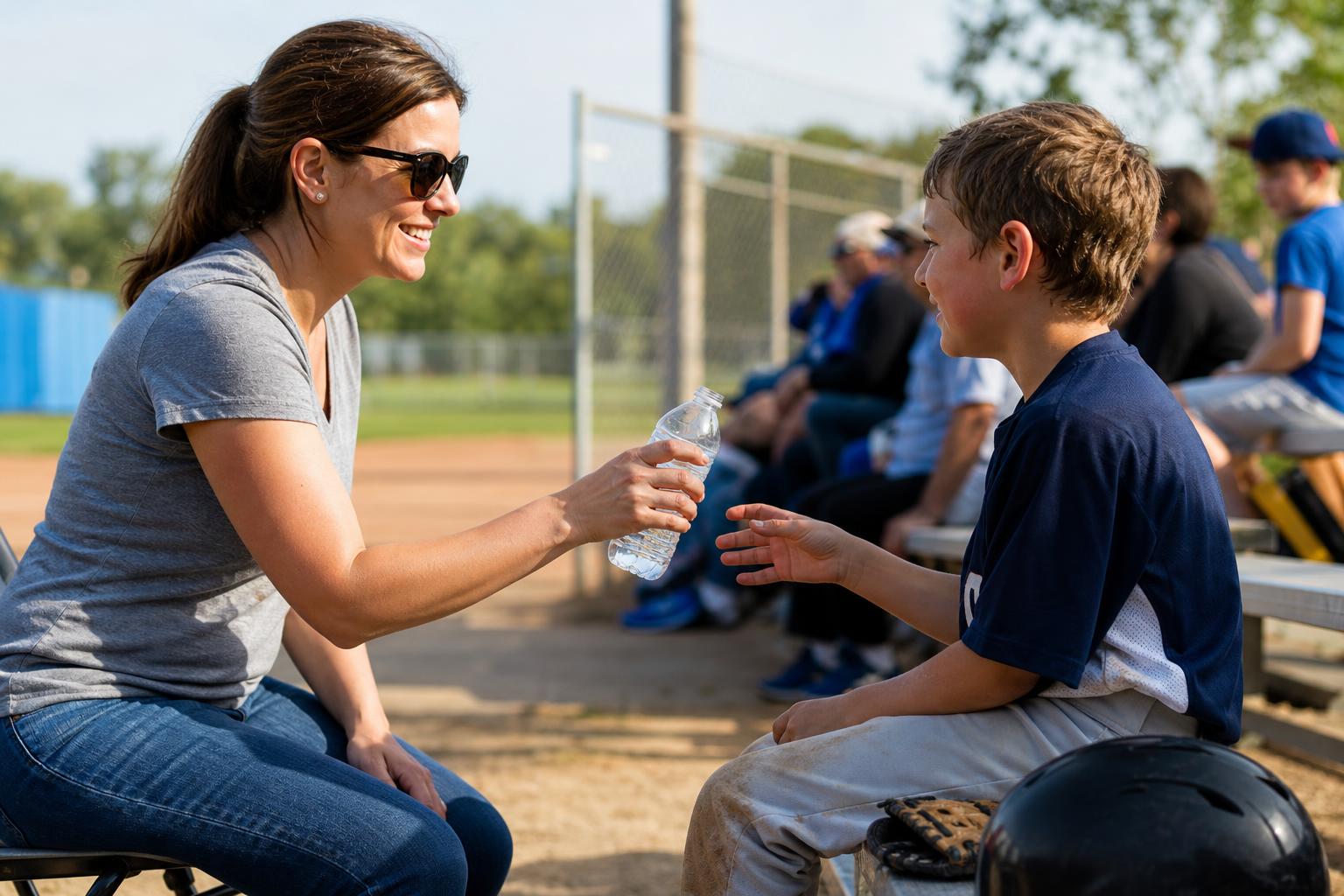 A parent in sunglasses handing a water bottle to a child near baseball bleachers on a sunny day