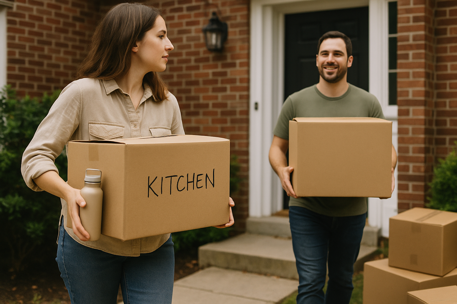 People carrying moving boxes outside a house on moving day with a water bottle visible nearby
