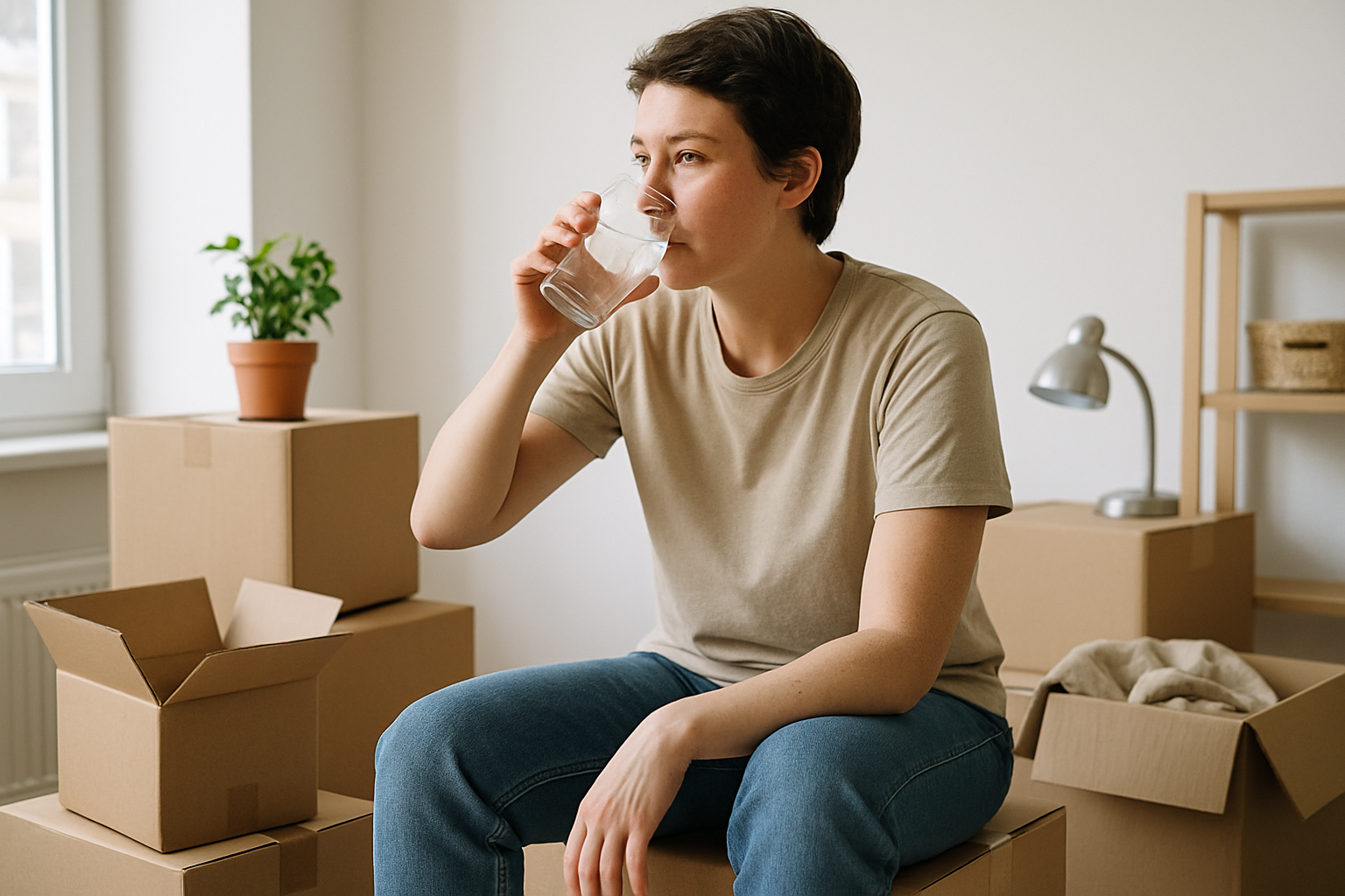 Person taking a water break while sitting on moving boxes in a bright apartment