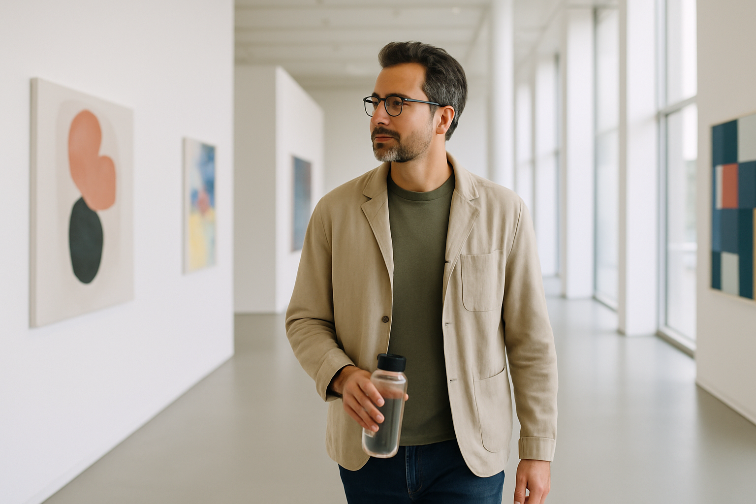 Museum visitor carrying a reusable water bottle while walking through a bright art gallery