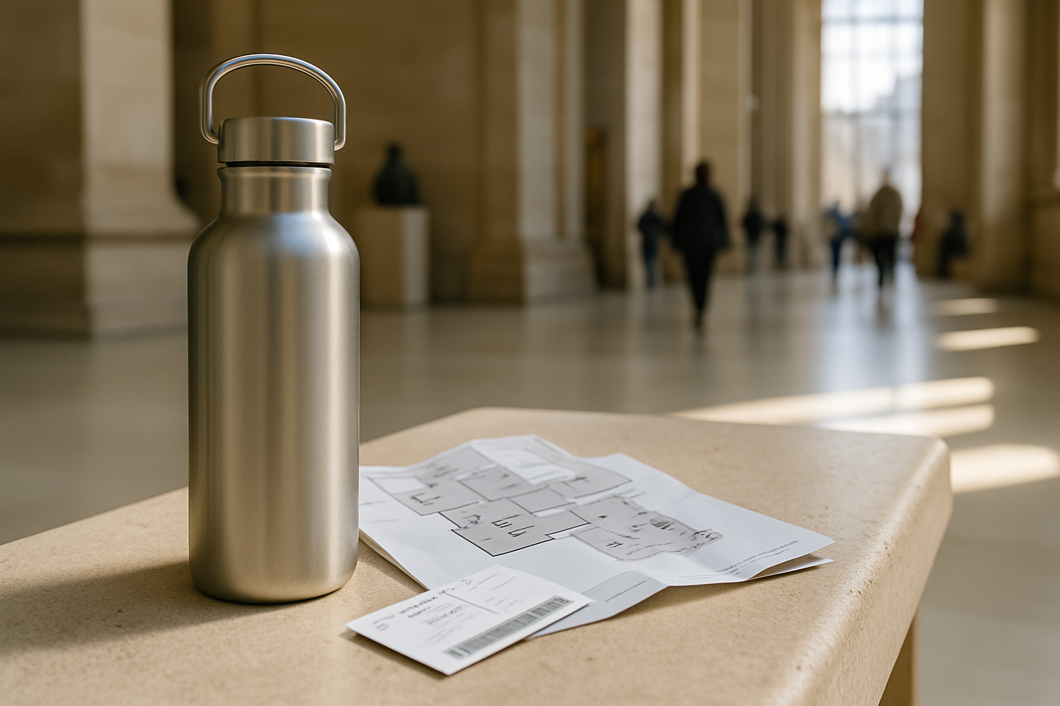 Reusable water bottle beside a museum map and ticket in a bright lobby
