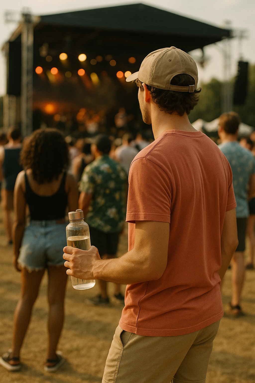 Music festival attendee outdoors holding a reusable water bottle near a stage during a sunny daytime event