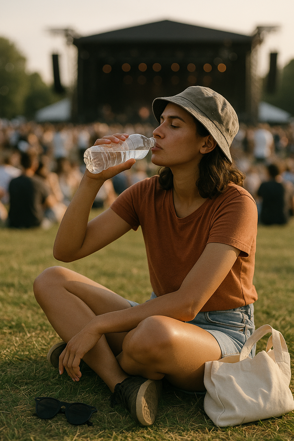 Festivalgoer sitting on lawn seating taking a water break beside a bag during an afternoon music event